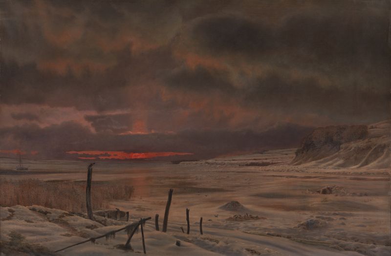 A Winter’s Evening by a Danish Fiord, oil painting by Vilhelm Kyhn depicting a serene winter landscape.