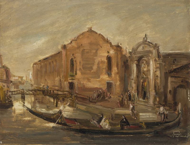 Gondelfahrt in Venedig am Campo de l’Abazia, óleo sobre tela de Franz Naager