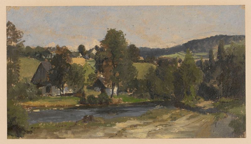 Landscape with a river and huts in Zlate Hory de Adolf Dressler, romantismo, pintura a óleo