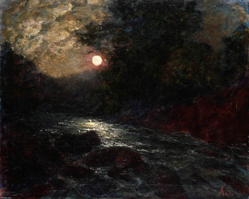 Marina notturna de Andrea Figari, pintura a óleo que retrata um mar noturno tranquilo com reflexos da luz da lua.