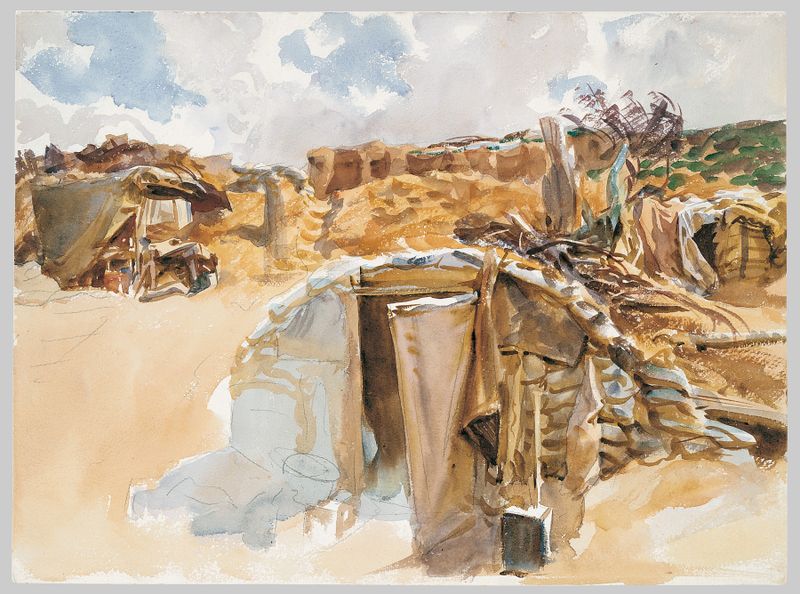 Dugout de John Singer Sargent, óleo sobre lienzo que representa figuras en un bosque con luz solar.