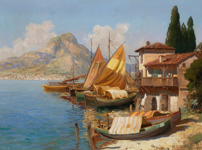 Fishing boats on the coast, óleo sobre lienzo de Gottfried Arnegger