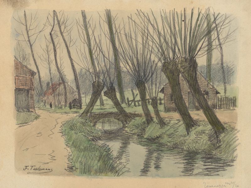 Paisagem com um canal, salgueiros e casas de Jean-François Taelemans