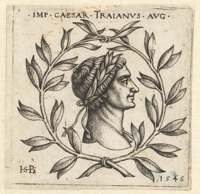Borstbeeld van Trajanus in lauwerkrans, gravura de Hans Sebald Beham, apresentando um busto detalhado com uma coroa de louro.