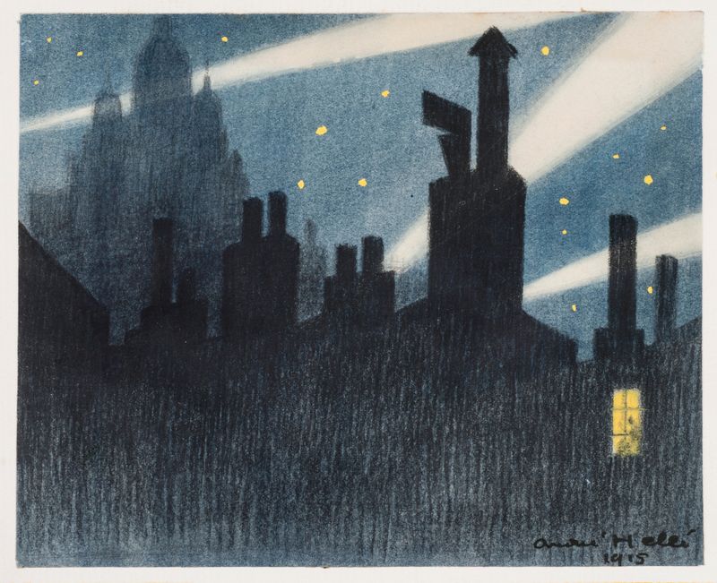 Deux Zeppelins sur Paris de André Hellé, retratando zeppelins em um céu pastel
