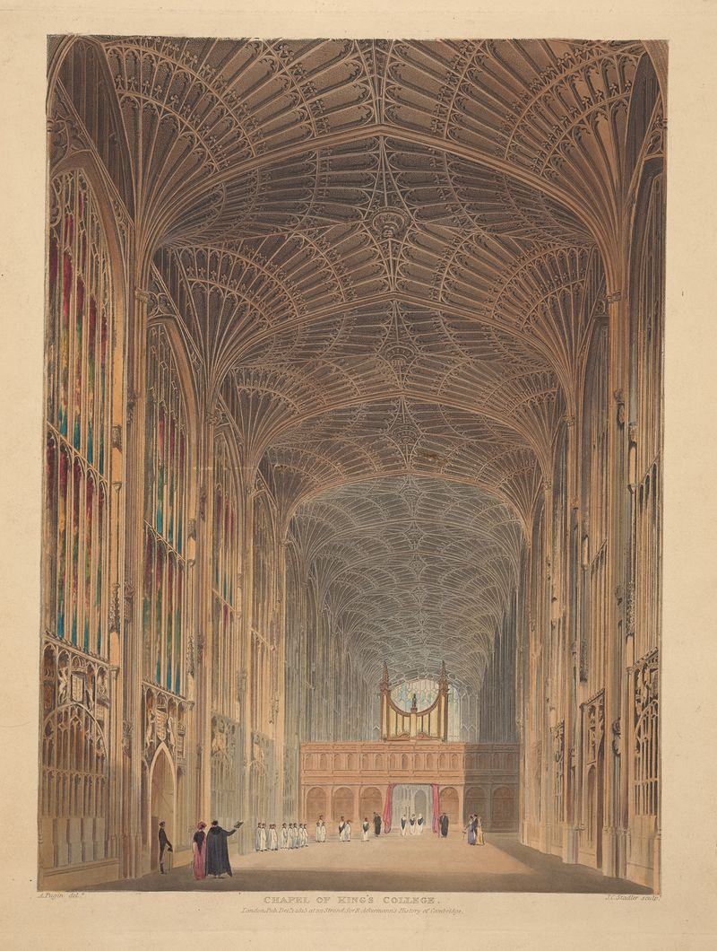 Interior of Chapel of King’s College by Joseph Constantine Stadler, featuring stained glass and arches.