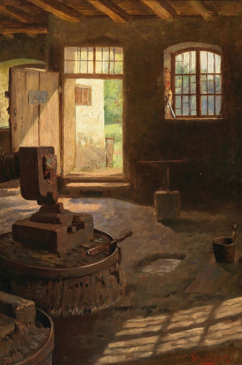 Escena interior de una fragua con yunque y luz solar, de Dominik Skutetzky, pintura al óleo