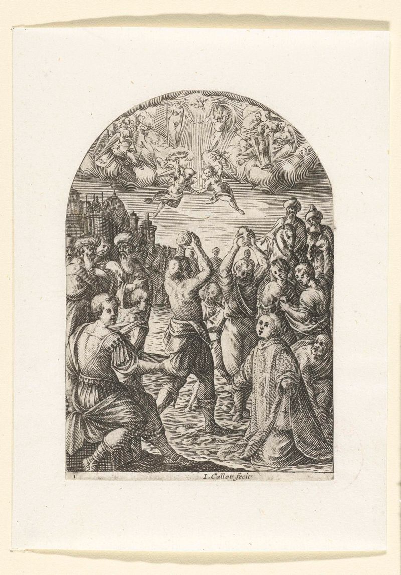 Grabado de Jacques Callot que representa a San Esteban en agonía rodeado de una multitud.