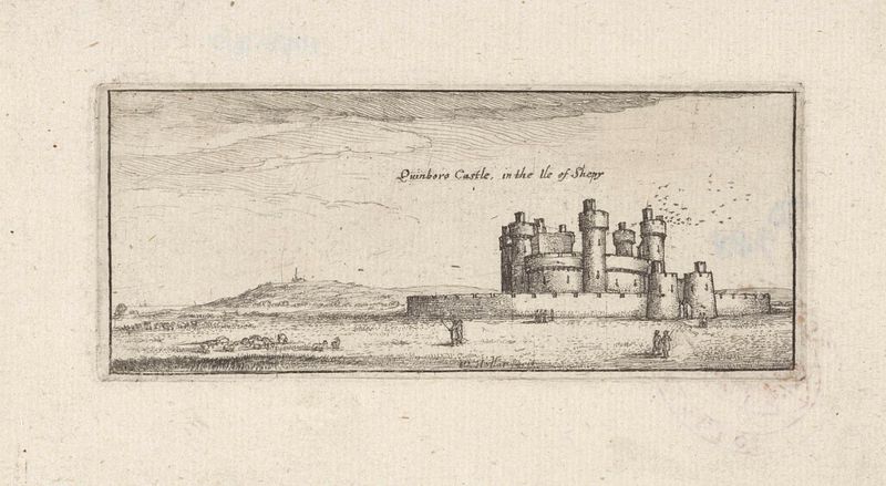 Grabado de Queenborough Castle por Wenceslaus Hollar, con árboles y luz.