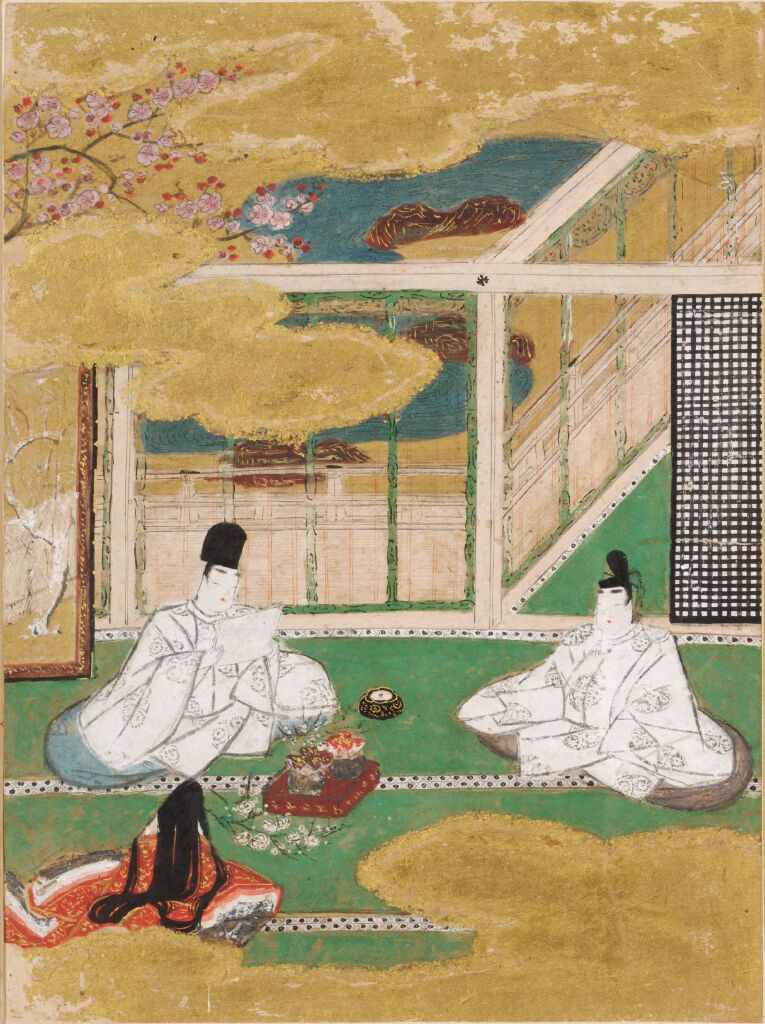 Flores de ameixeira e ramos em ouro de Tosa Mitsunobu, período Muromachi
