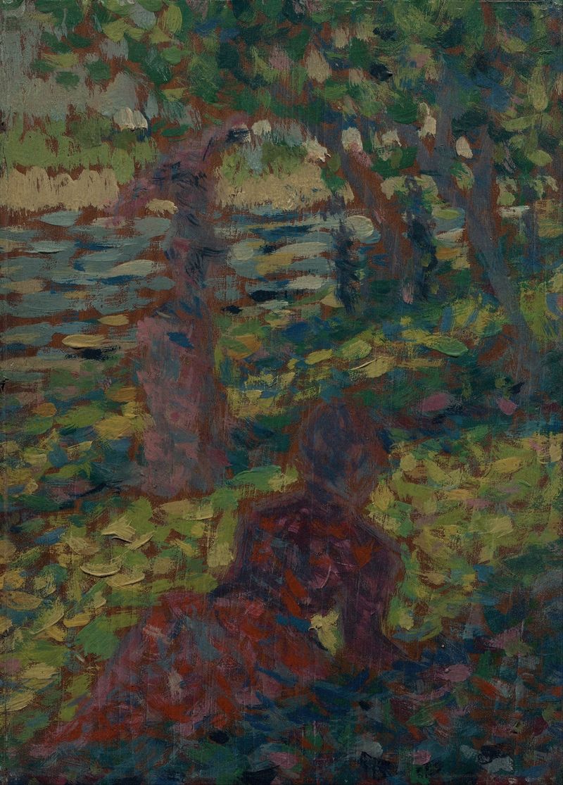 Mujer en un parque, pintura al óleo de Georges Seurat, con puntillismo y luz moteada.