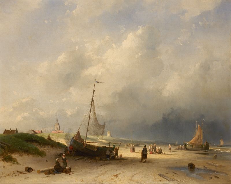 Paisaje marino con suaves olas y un cielo pastel de Charles Leickert, pintura al óleo.