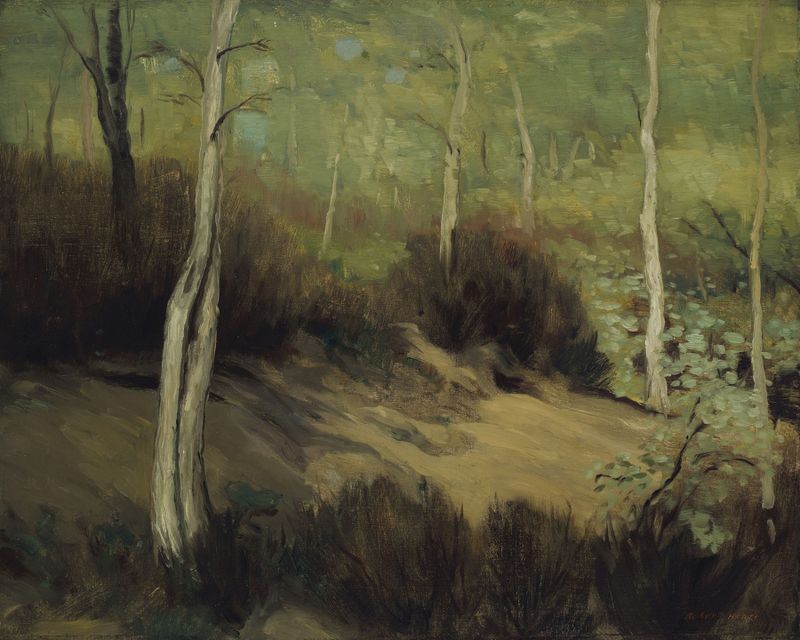 Spring in the Forest of Fontainebleau by Robert Henri, oil on canvas depicting a vibrant forest scene.