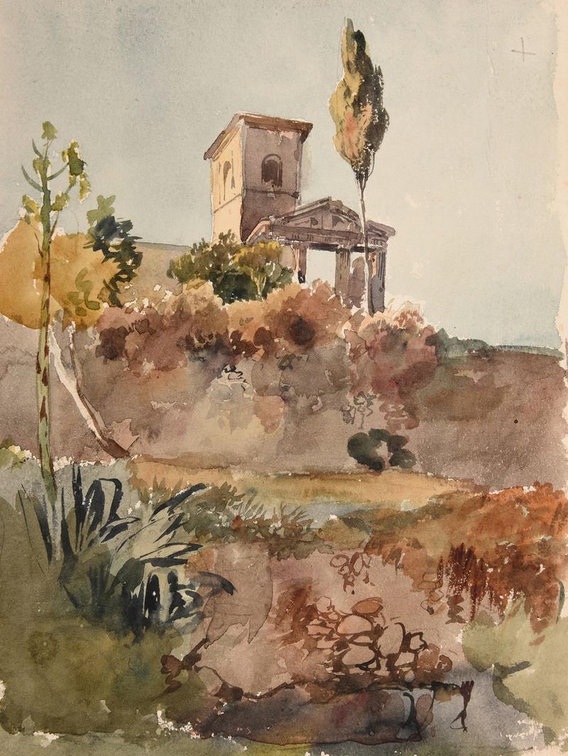 Paisaje con un jardín y una iglesia, pintura al óleo de Jacques-Raymond Brascassat
