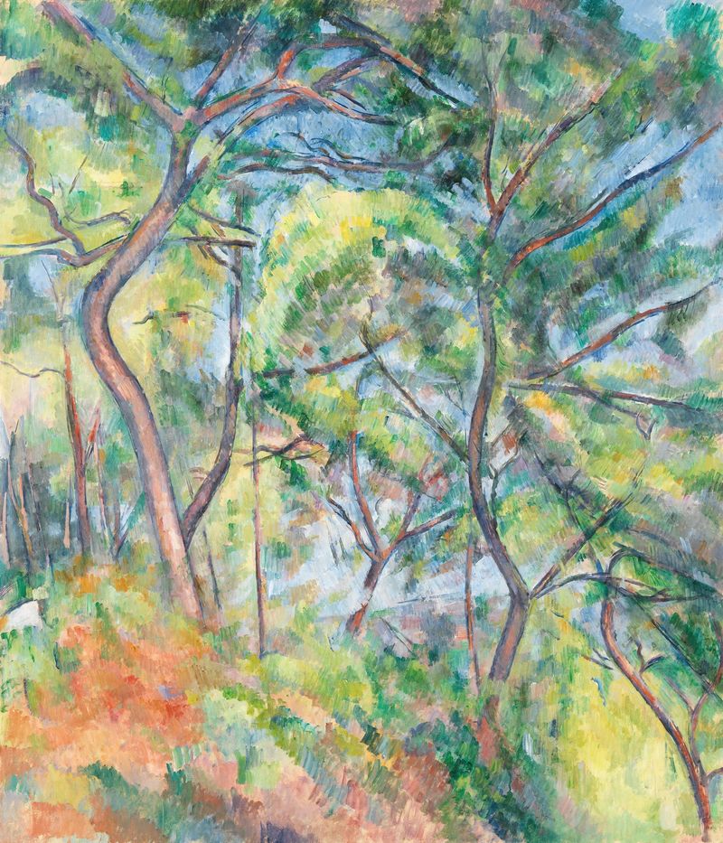 Sous-Bois de Paul Cezanne, pintura al óleo que muestra un bosque tranquilo con luz filtrada.
