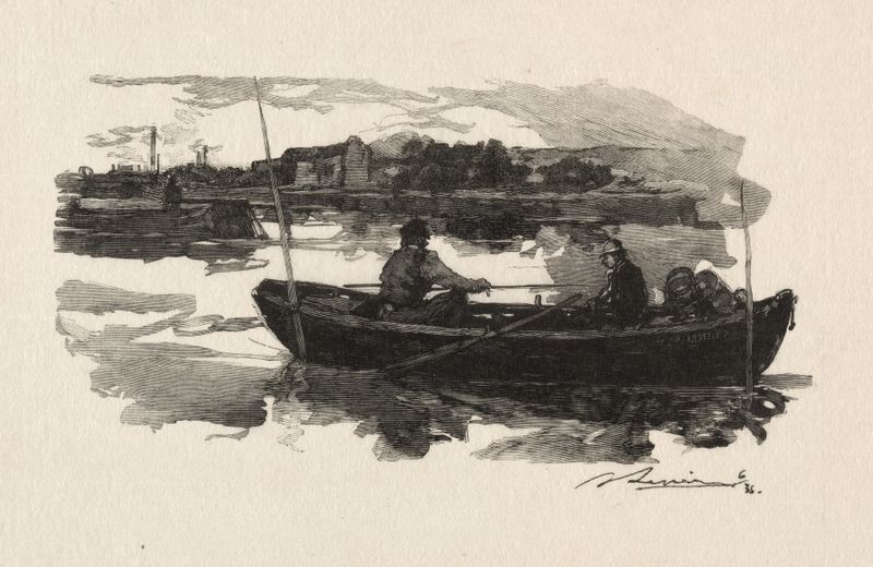 Etching by Auguste Louis Lepère depicting figures by the Seine