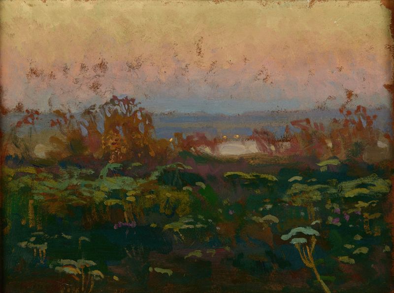 Anochecer en el río Dniéper, óleo sobre lienzo de Jan Stanisławski, representando un río tranquilo al anochecer.