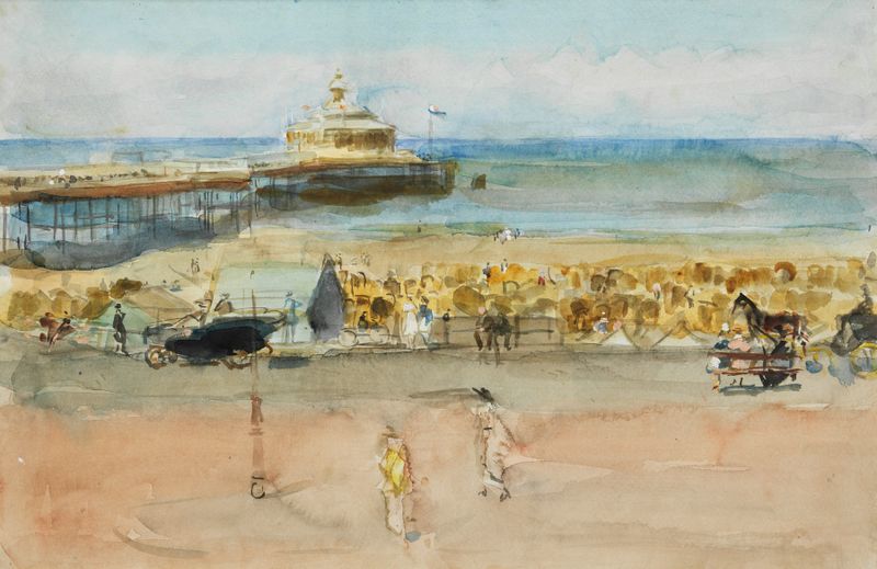 Strand bei Scheveningen, oil on canvas by Isaac Israëls depicting a serene beach scene.