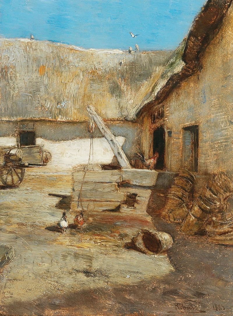 Chickens in a farmhouse courtyard, oil painting by Rudolf Ribarz