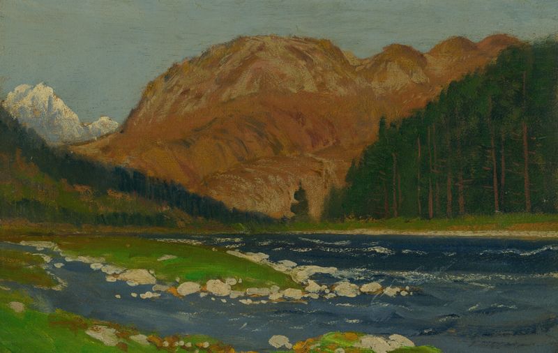 Landscape by the Danube, oil painting by Ferdinand Katona, featuring a serene river and trees.