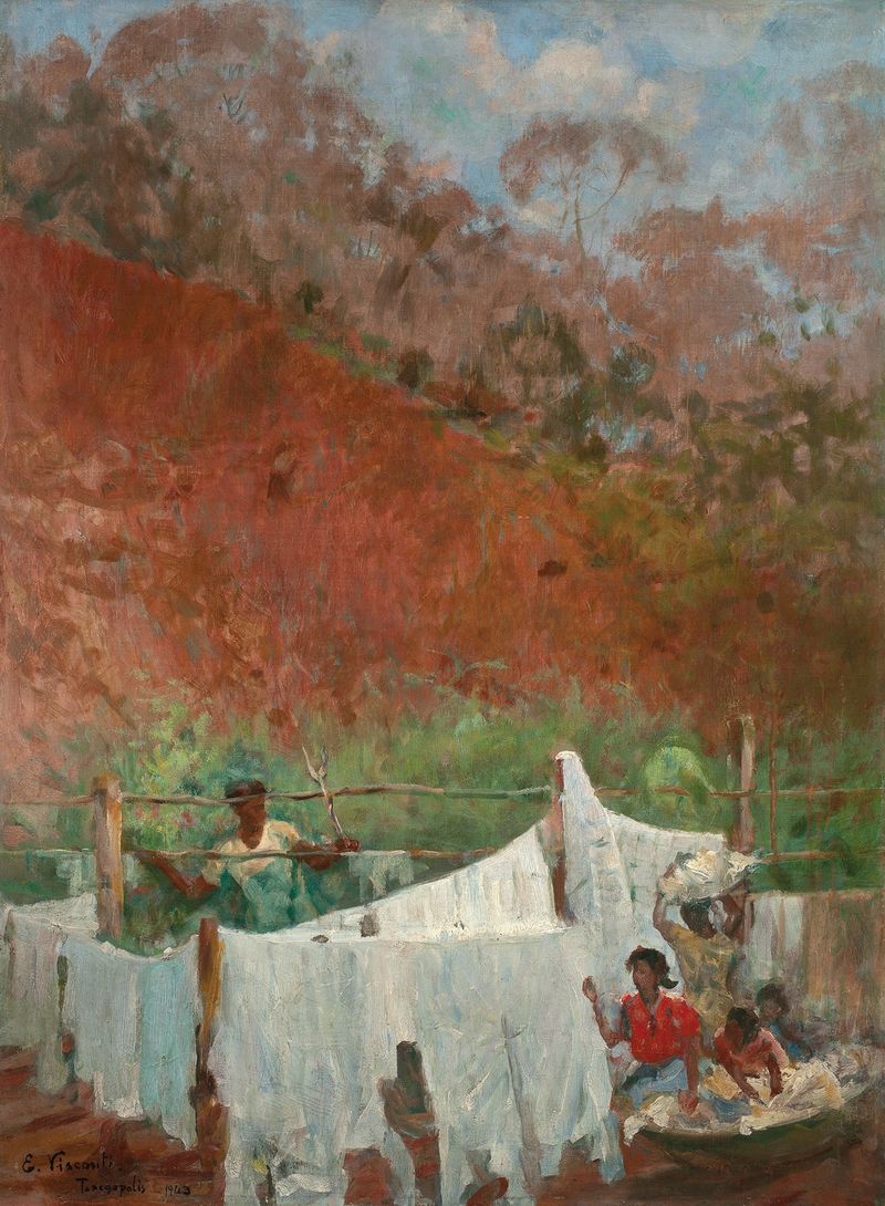Roupa estendida de Eliseu Visconti, óleo sobre tela mostrando roupas coloridas balançando na brisa.