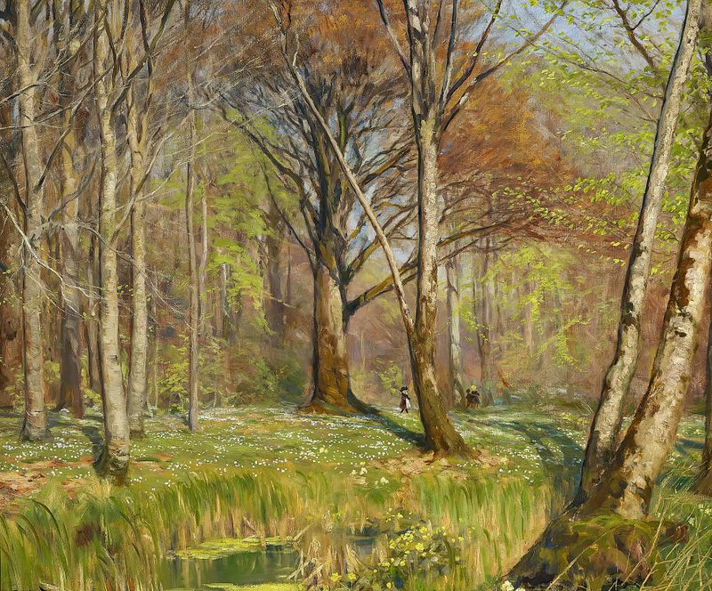 Oil painting by Hans Andersen Brendekilde depicting anemones and greenery in a forest.