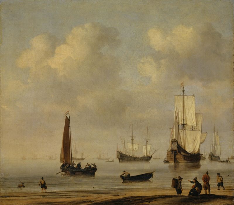Three-Masted Ships and Fishing Boats in a Calm, oil painting by Willem van de Velde the Younger