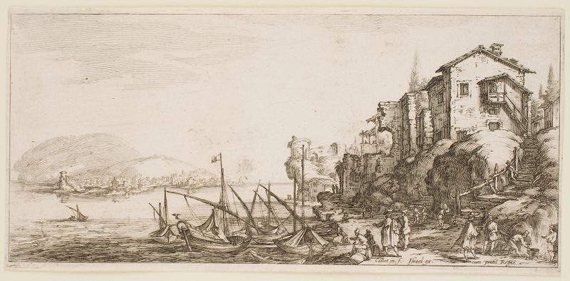 El pequeño puerto, grabado de Jacques Callot que muestra estructuras en ruinas en un paisaje.