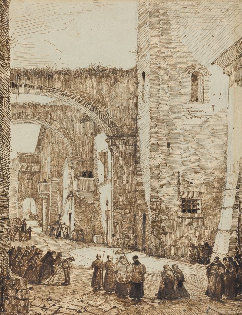 Religious scene of a priest in a medieval street, oil painting by François-Marius Granet