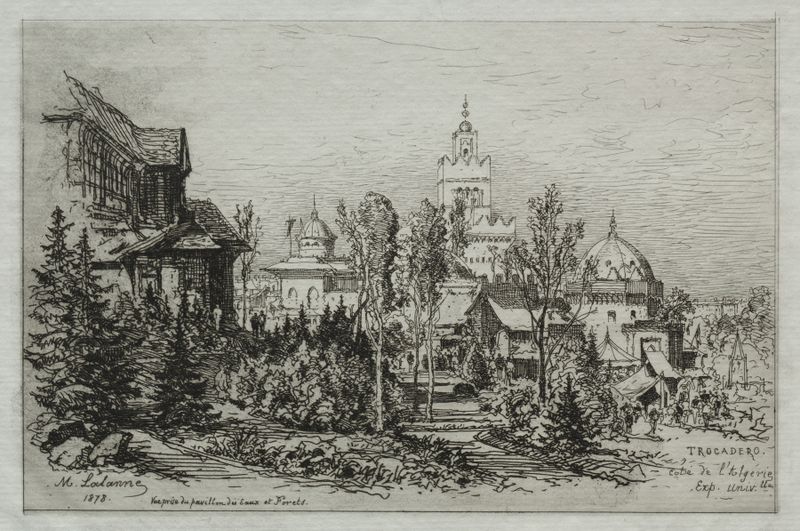The Algerian Palace at the Trocadero by Maxime Lalanne, depicting architecture in an unknown medium.