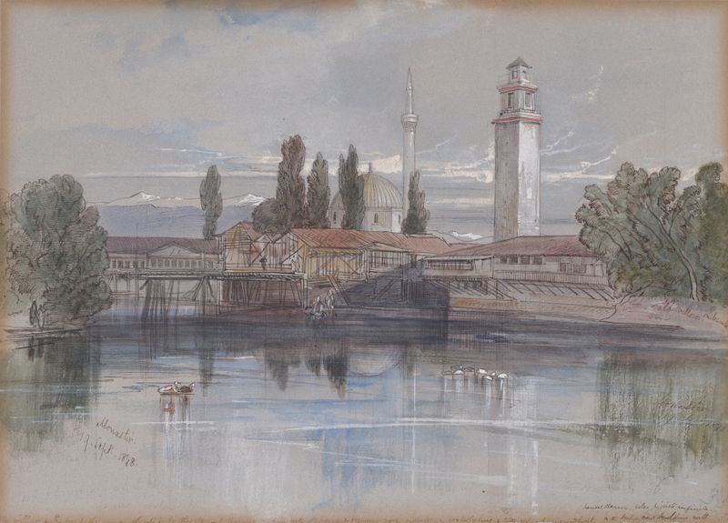 Aquarela de Edward Lear representando uma vila e um rio sob um céu azul.