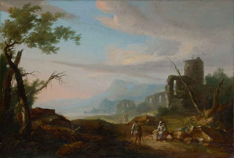 Paisagem com Ruínas de Caspar Wolf, óleo sobre tela retratando estruturas em ruínas cercadas por vegetação exuberante.