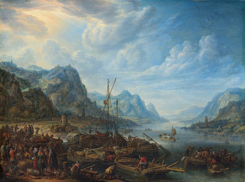 View of a river with boat moorings, oil on canvas by Herman Saftleven
