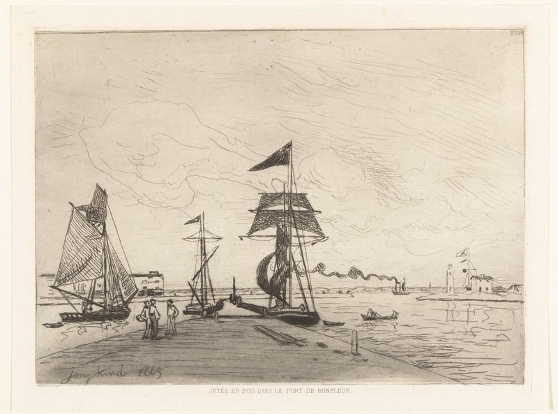Gravura de Johan Barthold Jongkind representando uma cena marinha com barcos no cais.