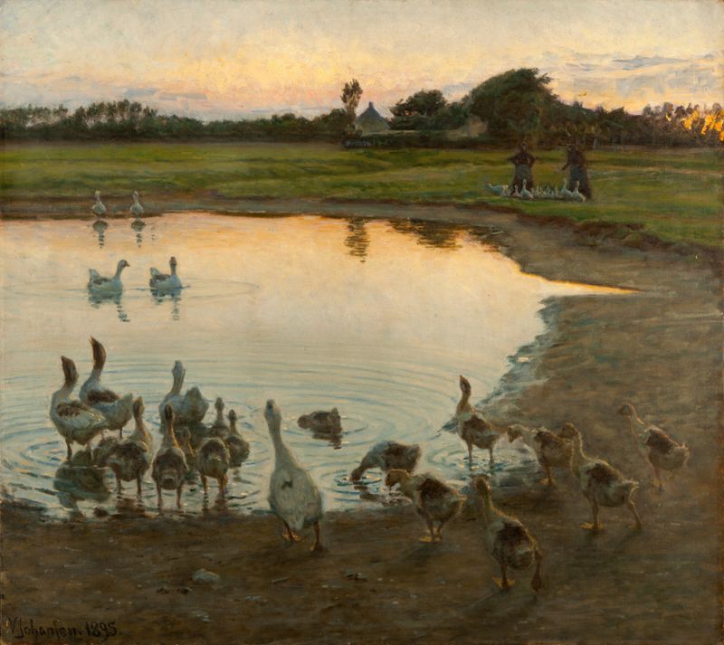 At Sunset by Viggo Johansen, oil on canvas depicting a vibrant sunset over a tranquil landscape.
