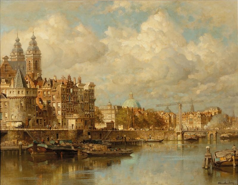 Canal landscape with churches, oil painting by Johannes Christiaan Karel Klinkenberg