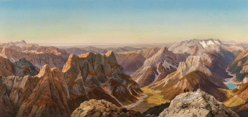 Pintura al óleo de Markus Pernhart que representa el paisaje de los Alpes Julianos.