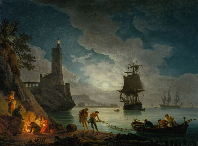 A Harbor in Moonlight de Claude-Joseph Vernet, óleo que representa un puerto sereno de noche.