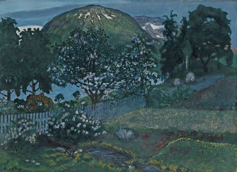 Juninatt I Haven by Nikolai Astrup, oil on canvas depicting a garden at night with vibrant flowers.