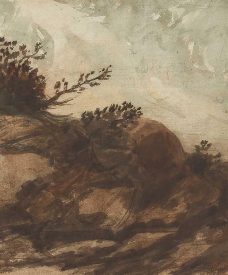 Sunset Over the Hill de Alphonse Legros, óleo sobre tela que retrata um pôr do sol sobre colinas.