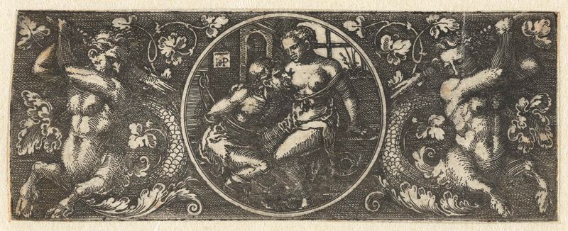 Gravura de Hans Sebald Beham mostrando Cimon e Pero com tritões, luz e sombra.