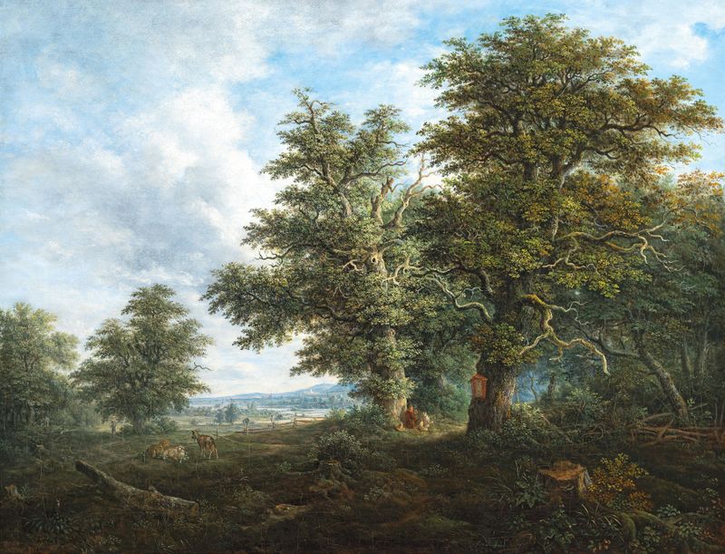 Oil on canvas by Johann Jacob Dorner depicting a traveller resting under oak trees in a hilly landscape.
