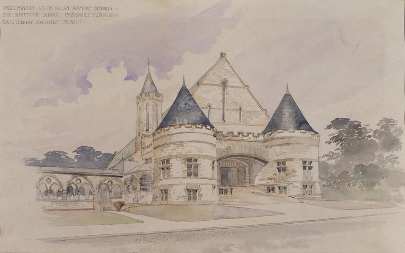 Drawing by Cass Gilbert depicting a figure sketching an armory building in snow
