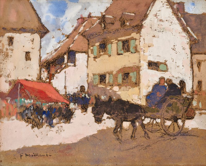 Coin de marché en Berry, oil on canvas by Fernand Maillaud depicting a village market scene.