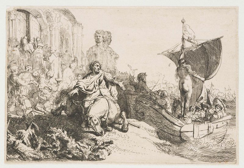 Gravura marinha de Rembrandt van Rijn mostrando um grande navio com velas desfraldadas