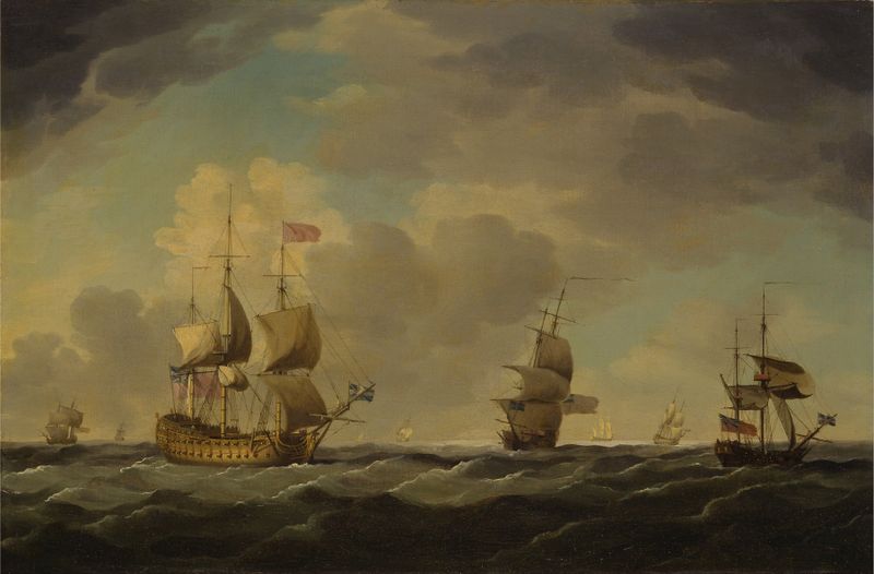 An English flagship sailing on the ocean, oil on canvas by Charles Brooking