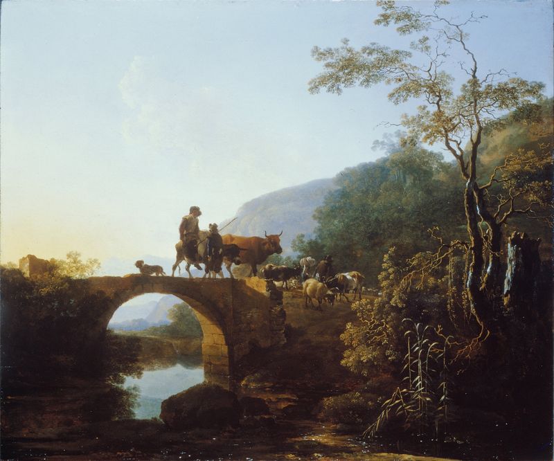 Bridge in an Italian landscape, oil on canvas by Adam Pynacker, featuring sunlight and trees.