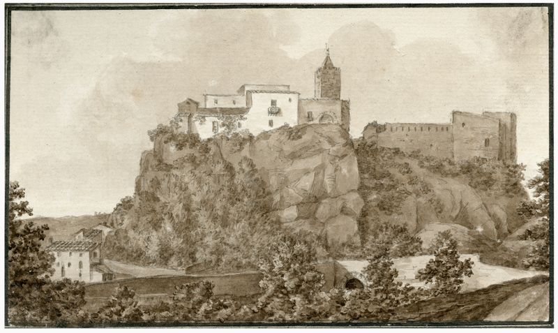 Pintura a óleo de paisagem de Otto Howen mostrando um castelo com luz e sombra.