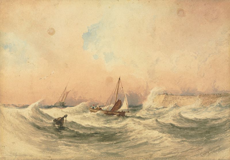 Marine de Copley Fielding, que representa una costa rocosa y olas del océano, pintura al óleo