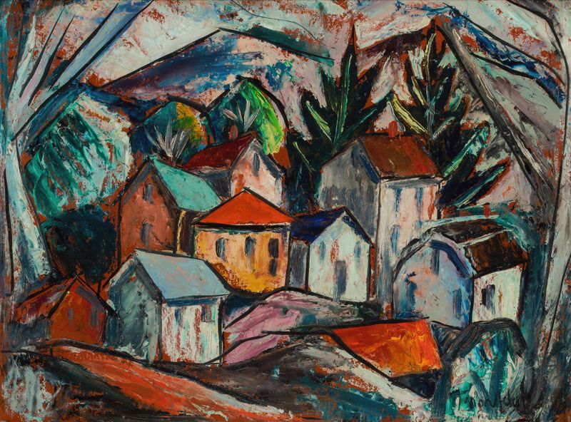 A Hillside Village by Bror Julius Olsson Nordfeldt, oil on canvas depicting a village on hills.